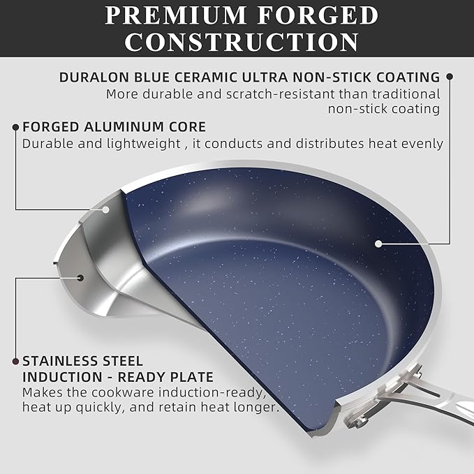 Nuwave Healthy Duralon Blue Ceramic Nonstick Cookware Set Diamond Infused Scratch-Resistant PFAS Free Dishwasher &amp Oven Safe Induction Ready &amp Evenly Heats Tempered Glass Lids &amp Stay-
