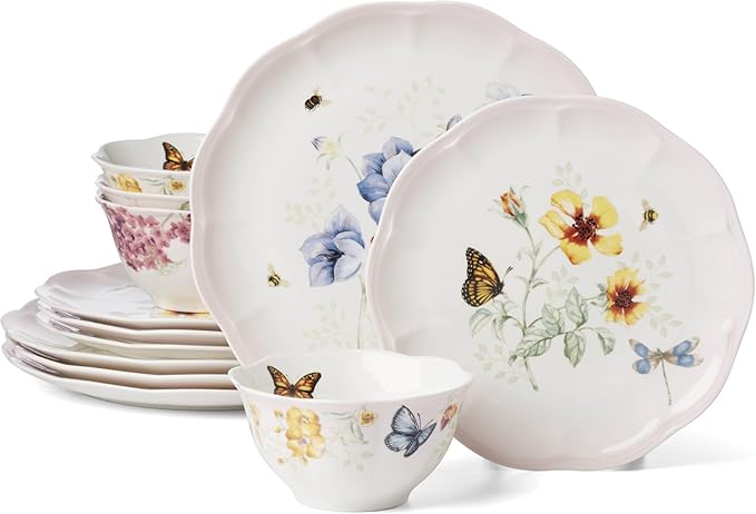 Lenox Dinnerware Set Butterfly Meadow Pink 12-Piece Set Service For 4 Porcelain Bowls Plates And Bowls Set Microwave Safe Dishwasher Safe Dishes Home &amp Kitchen (Assorted 12 Pieces)