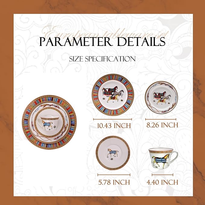 European Style Dinnerware Set Service for 6 Bone China Dinnerware Sets Unbreakable Porcelain Dinner Sets Coffee Cup and Saucer Tableware Set Steak Dinner Plates Dish Set horse-07