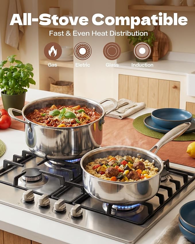 15 Piece Pots and Pans Set Nonstick Tri-Ply Stainless Steel Cookware Set Oven Safe PFOA/PTFE Free Dishwasher Safe Compatible with All Cooktops