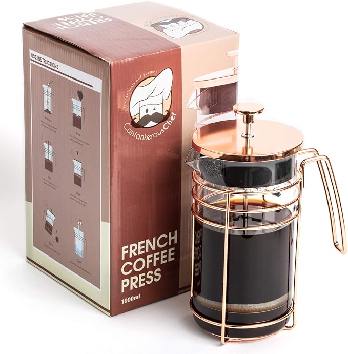 French Press and Tea Maker - 1000ml Coffee Maker Press - Premium Coffee Press with Rose Gold Finish - Thick Glass and Stainless Steel Coffee Brewer - French Press Coffee Maker for Tea Latte Expresso