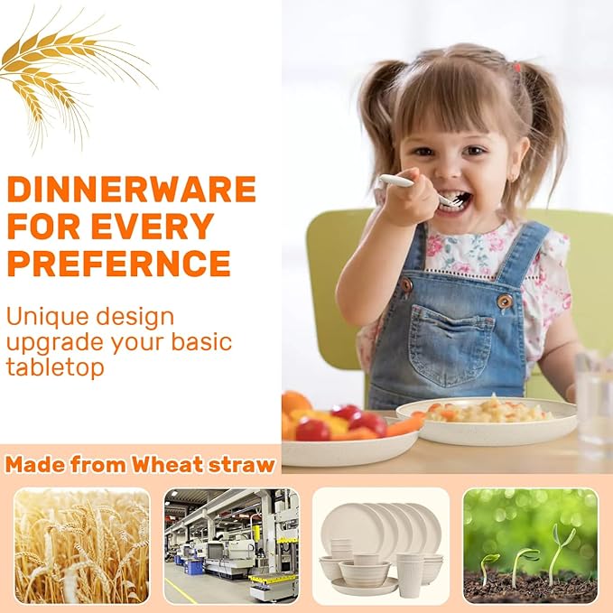 Wheat Straw Dinnerware Sets - SGAOFIEE 36 Piece Unbreakable Dinnerware Sets Reusable Wheat Straw Plates and Bowls Sets Travel Camping Cutlery Set Dishwasher Microwave Safe Dinnerware-Beige White