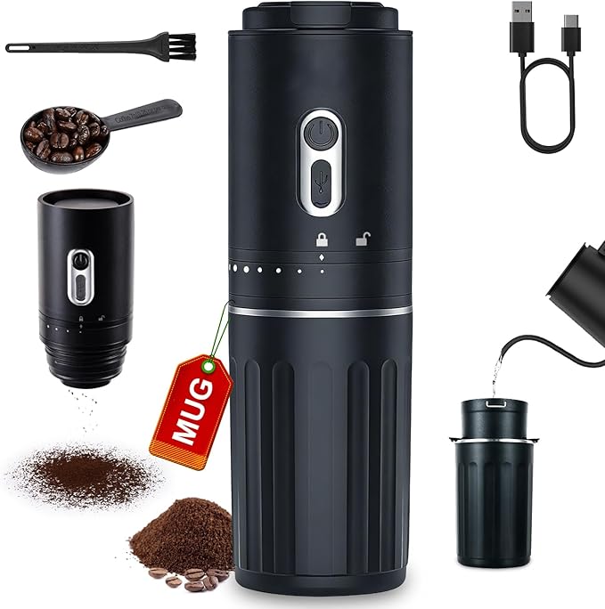 All-in-one Pour Over Coffee Maker Portable Electric Burr Coffee Grinder Rechargeable Coffee Bean Grinder Conical Burr Battery Powered Cordless Portable Coffee Maker for Travel Camping Car