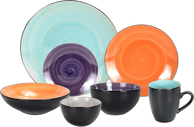 Stoneware Sonoma 56pc Dinnerware Set Black + Speckled Spin Wash Mixed Colors of Purple Turquoise Orange and Grey