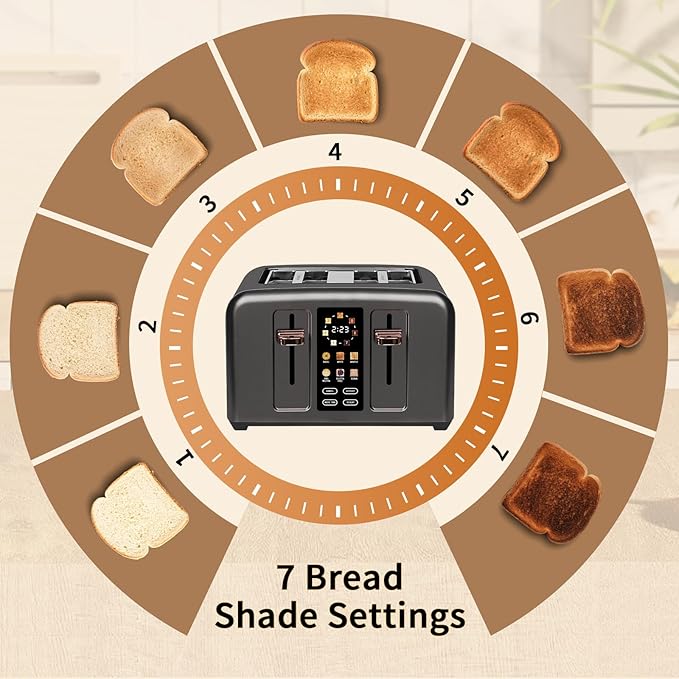 SEEDEEM Toaster 4 Slice Full Touch control Toaster LCD Display 6 Bread Type 7 Shade Settings 1.4''Wide SlotsMore Time Function Removable Crumb Tray 1800W Dark Metallic