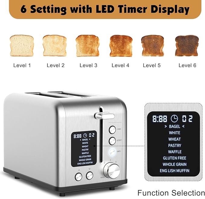 2-Slice Bagel Toaster Stainless Steel with Screen- Single Slice Function for Single-Sided Stuffed Bagel 8 Bread Types 6 Browning Levels LED Countdown Timer Defrost/Reheat/Cancel 825W