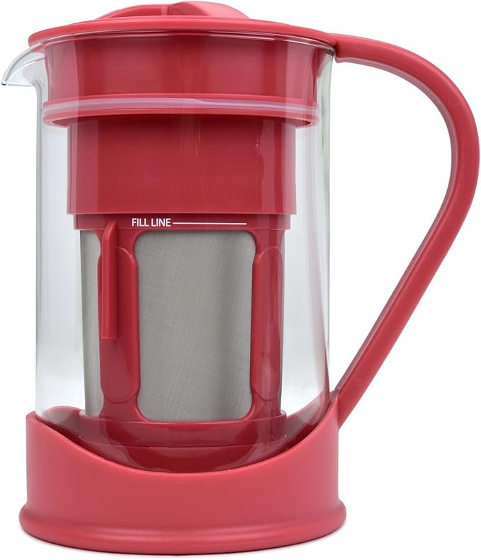 Cold Brew Coffee Maker 1 Liter (4-Cups) Capacity Great for Flavorful Iced Coffee That Stays Fresh Longer Borosilicate Glass Easy Cleaning Fun Ideas and Recipe Booklet 8x5 Inches Red