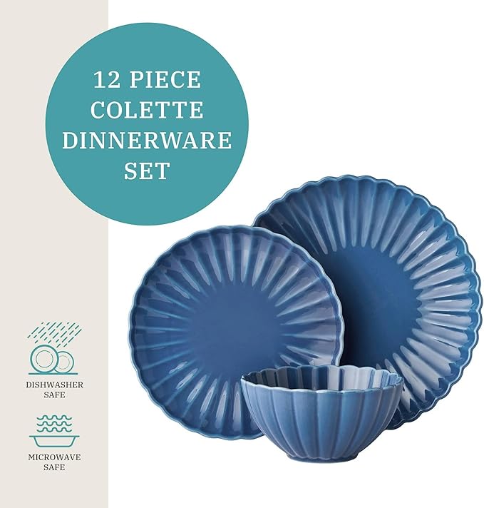 12-Piece Stoneware Dinnerware Set Scalloped Design Blue