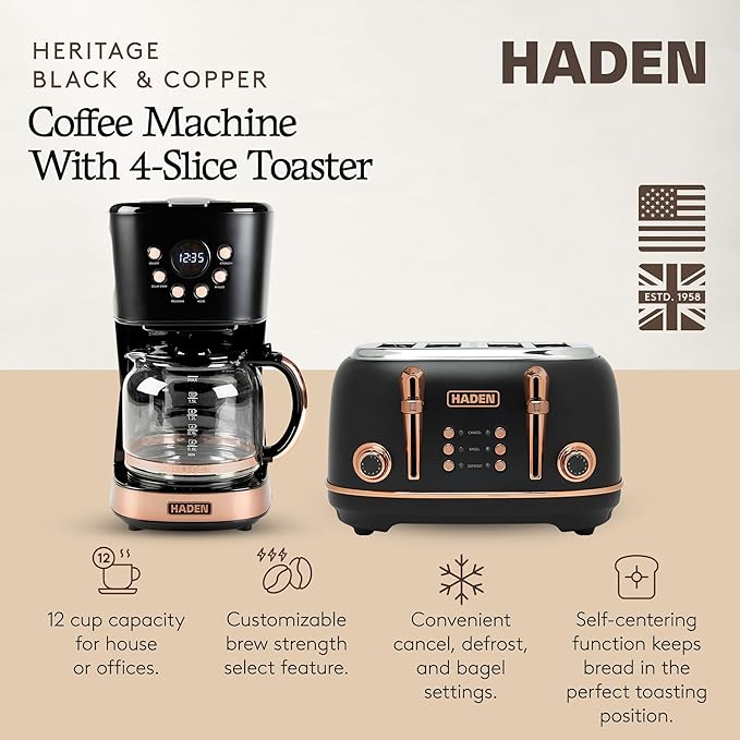 Haden Heritage 4 Slice Wide Slot Stainless Steel Toaster Bundled with 12 Cup Programmable Drip Coffee Maker Coffee Machine Black &amp Copper