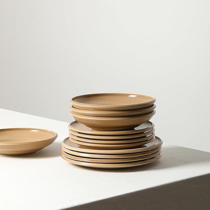 Earth &amp Clay Harmony 24-Piece Dinnerware Stoneware Plates and Bowls Set Includes Dinner and Salad Plates Cereal Bowls Dishwasher and Microwave Safe Dish for 8 Beige