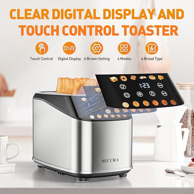 Secura 2 Slice Toaster Fully Automatic Digital Stainless Steel Toaster with Countdown Timer &amp Keep Warm Function 6 Browning Levels Bagel/Defrost/Reheat/Single-Slice Modes Removable Crumb Tray