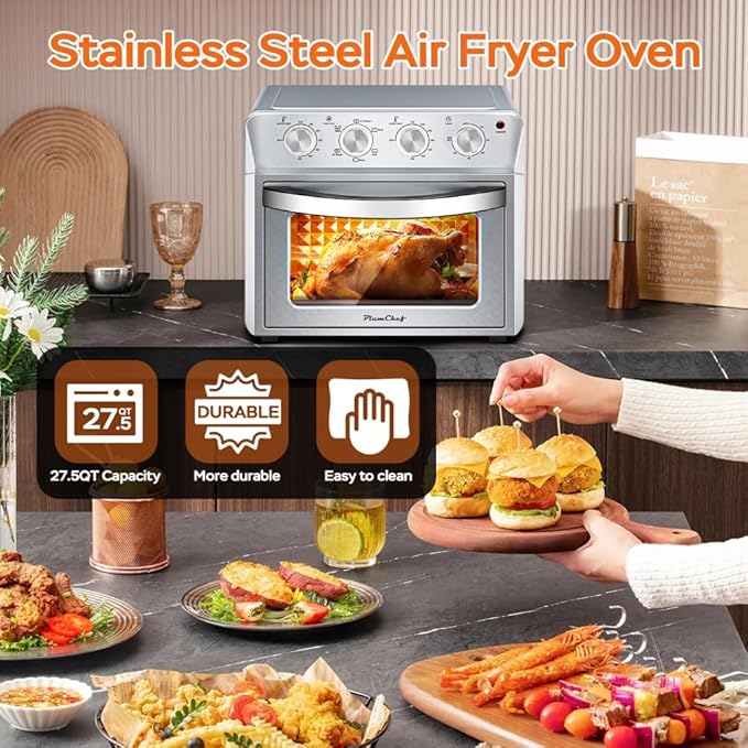 Air Fryer Oven 27.5QT 6-in-1 Countertop Oven Air Fry Bake Broil Toast Warm Dehydrate 4 Knob Control 1600W Family Size Silver
