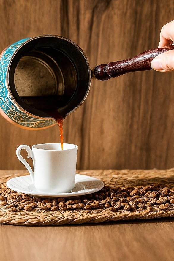 Copper Turkish Coffee Pot Cezve Tombik Hand Hammered Design for 4 People Traditional Coffee Maker Turquoise Color One Piece - Turquoise One Size