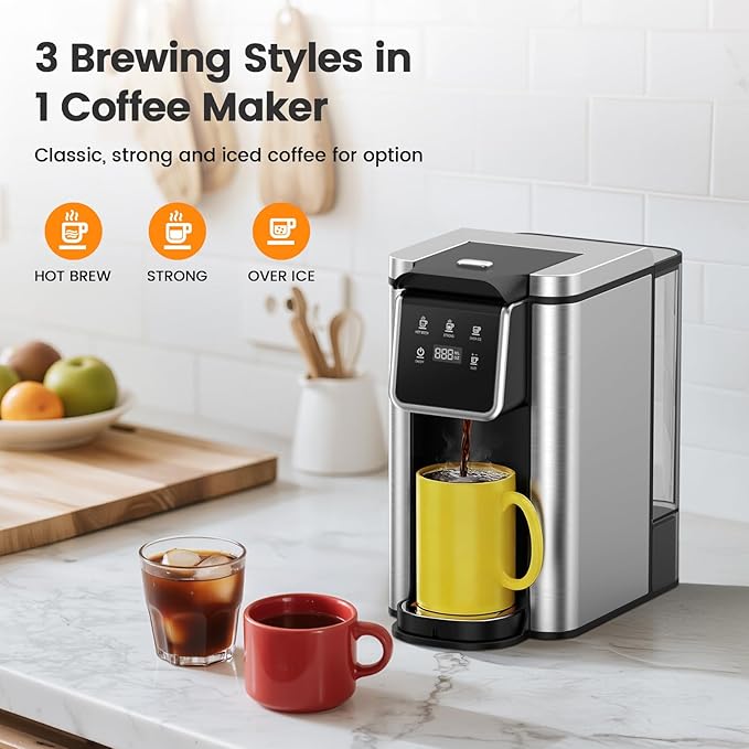 Single Serve Coffee Maker for K-Cup Pod and Grounds Hot and Iced Coffee Maker Strong Button Feature 6 to 14oz Brew Sizes 50oz Removable Tank Up to 6.5 Inch Cup Stainless Steel Black