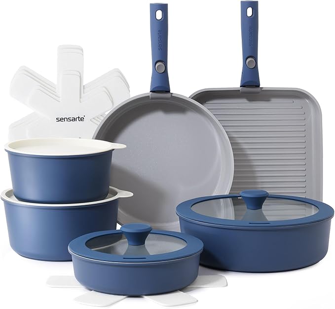 SENSARTE 17 Piece Ceramic Pots and Pans Set Nonstick Detachable Handle Cookware Induction Kitchen Cookware Set with Removable Handle Dishwasher ＆ Oven Safe (Navy)