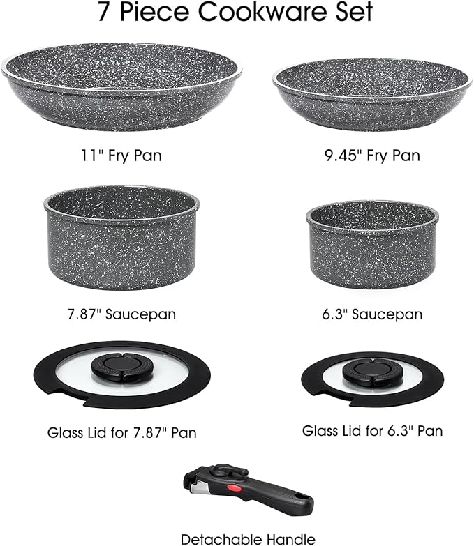 ROSSETTO 7pcs Pots and Pans Set Non Stick from France Ceramic Cookware Set with Removable Handle Induction RV Kitchen Cookware Set Stackable PFOA and PFAS Free Oven Safe Black Granite