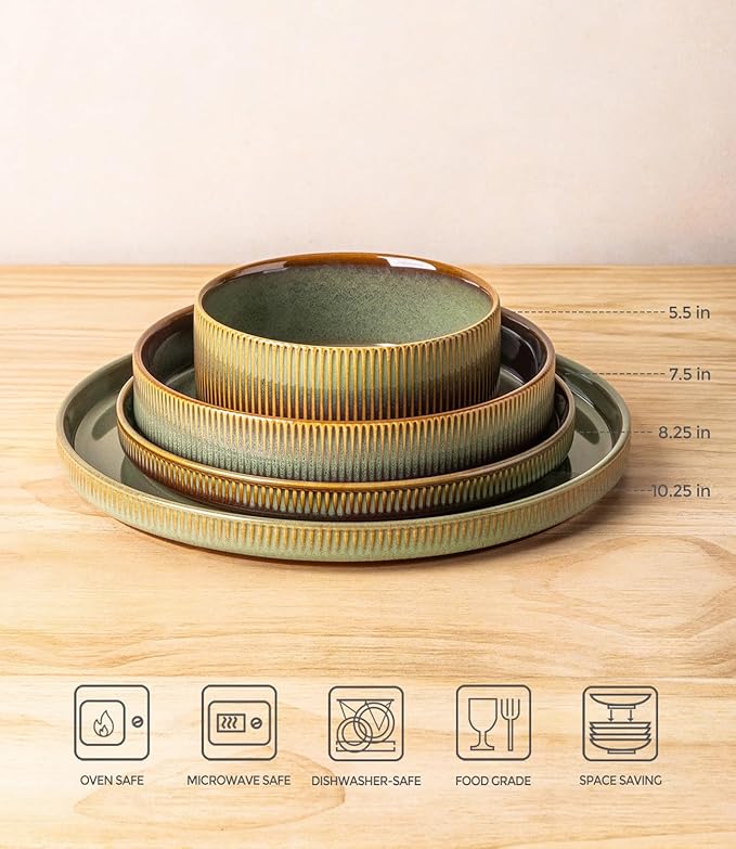 TheTerra Ceramic Dinnerware Sets with Pasta Bowls for 4 16 Pieces Porcelain Lightweight Plates and Bowls Sets Scratch Resistant Dish Set Oven &amp Microwave &amp Dishwasher Safe Sage Umber
