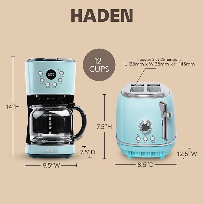 HADEN Heritage 12 Cup Programmable Vintage Retro Home Coffee Maker Machine with Heritage 2 Slice Wide Slot Stainless Steel Bread Toaster Turquoise