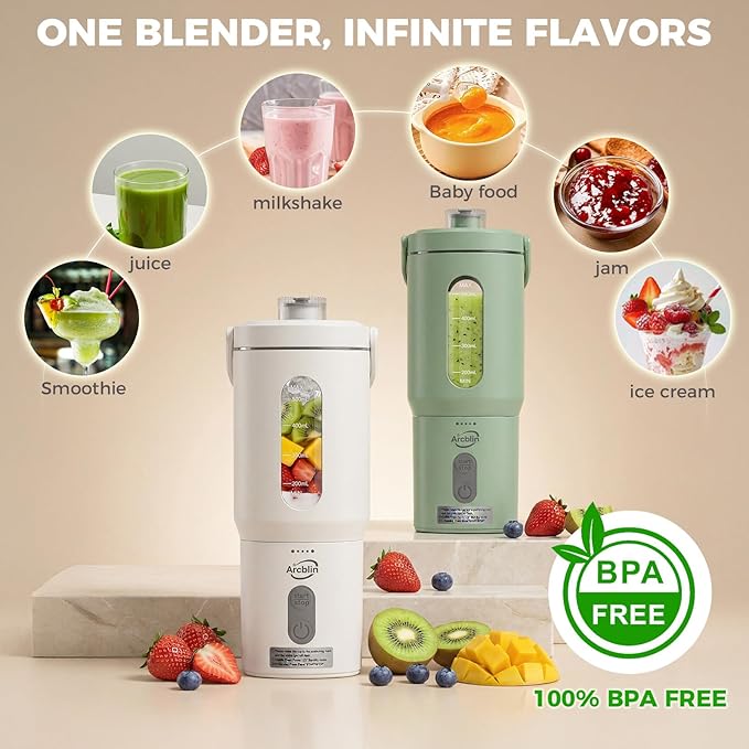 Portable Blender for Shakes and Smoothies 17oz Personal Blender with Detachable To-Go Cup &amp Carry Handle USB-C Rechargeable Mini Juicer Auto-Shutoff BPA Free Dishwasher Safe White