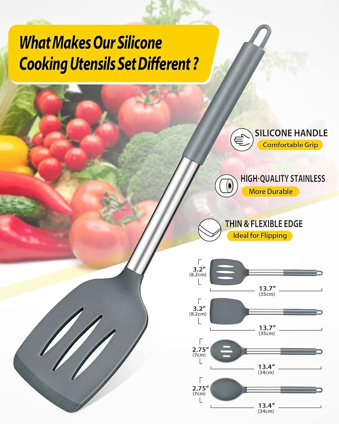 Pack of 4 Silicone Cooking Utensils Set Non Stick Large Solid Spatulas Heat Resistant Gray Slotted Spoons Ideal BPA Free Kitchen Turners for Frying MixingServingDrainingTurningStirring