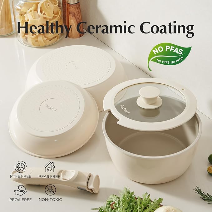 Redchef 32pcs Ceramic Pots and Pans Set Non Stick Nonstick Kitchen Cookware Set with Detachable Handle Non Toxic PFAS PFOA &amp PTFE Free RV Ceramic Cookware Set for Camping Dishwasher/Oven Safe