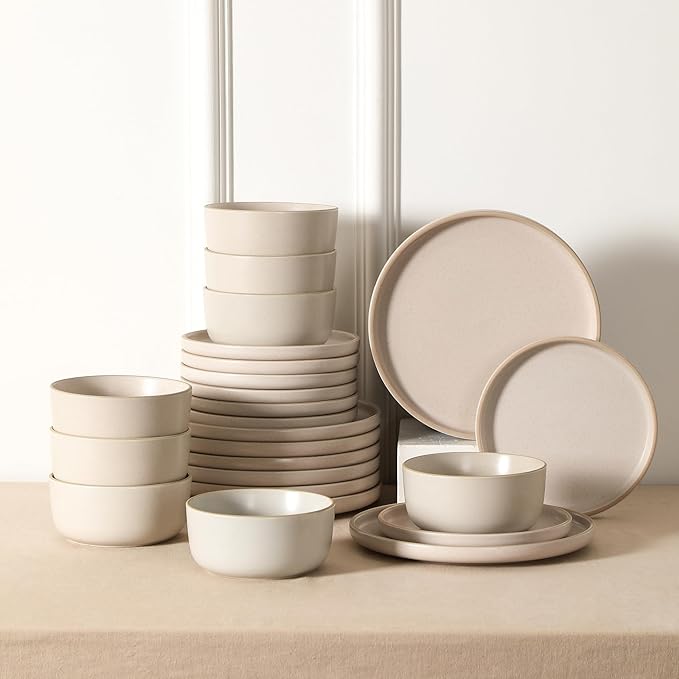 Earth &amp Clay Amber 24-Piece Dinnerware Set Stoneware Dishwasher and Microwave Safe Plates and Bowls Set Dish Set for 8 White Speckled