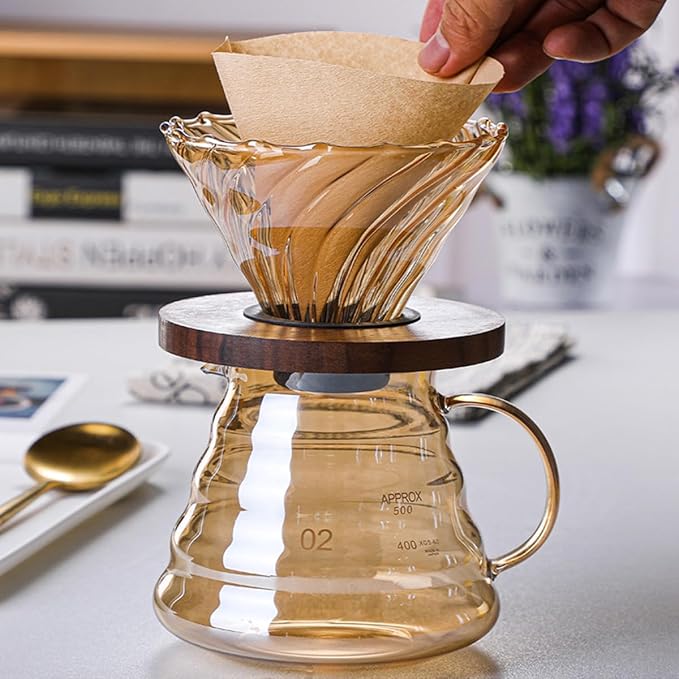Pour Over Coffee Maker Set 500ML Glass Carafe Coffee Server with Dripper Set V60 Glass Coffee Filter with Wood Base for Home Office Gift 1-4 Cups