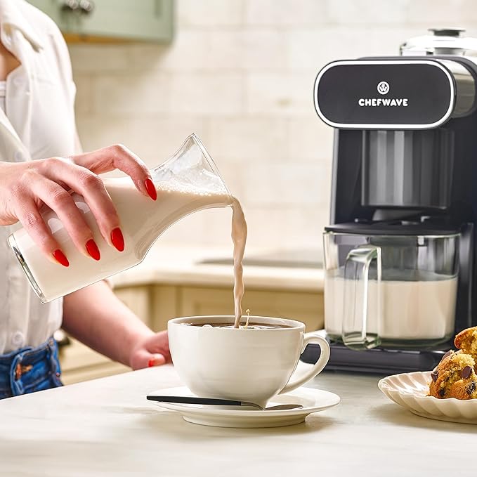 ChefWave Milkmade Soy Milk Maker (Silver/Black) 6-in-1 Vegan Plant-Based Milk Machine with Auto Clean and Delay Start Almond Oat Soy Cashew Coconut Macadamia Milk Maker with Nut Platter