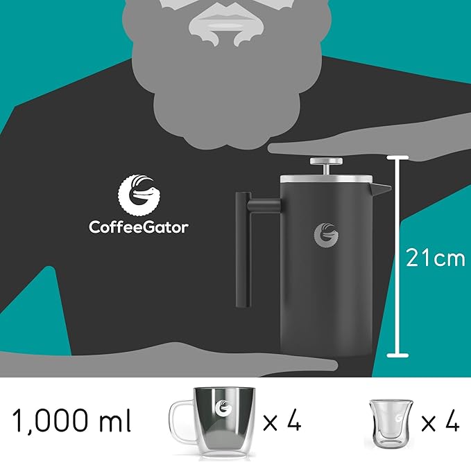 Coffee Gator 304 Grade Stainless Steel French Press Coffee Maker 34 oz Double Wall Insulated Hot Cold Brew Teapot with 4-Level Filtration System Include Travel Jar Canister Rust-Free Kitchen Gray