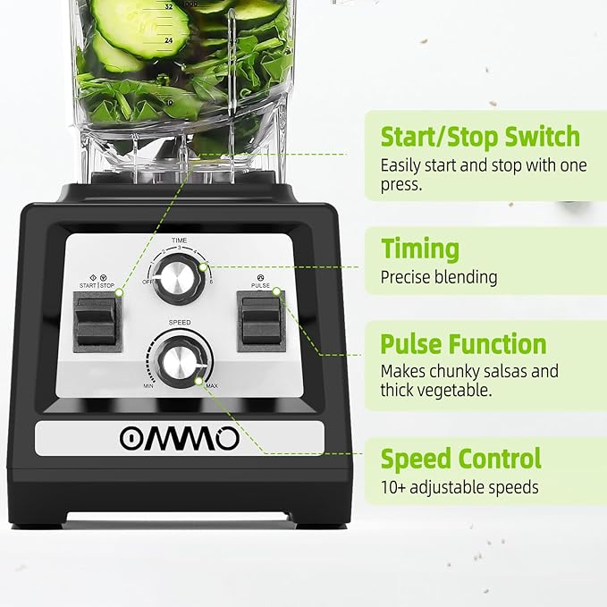 OMMO Blender for Smoothies: 1800W Peak Blenders for Kitchen 68oz BPA-Free Pitcher Timer &amp Speed Control 6 Stainless Steel Blades Dishwasher Safe Blender for Ice Crush/Smoothies/Frozen Drinks/B