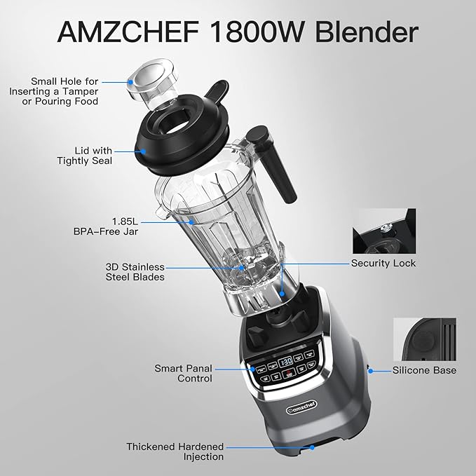 AMZCHEF Professional Blender for Smoothies4 Functions1800W Smoothie Blender63 Oz Pitcher/20-Oz To-go CupIce and Frozen FruitSelf-CleaningHigh SpeedGrey