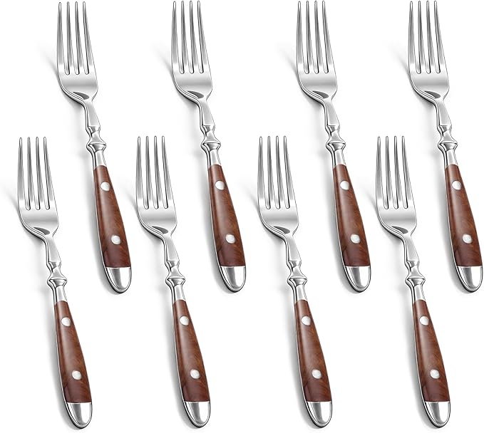 Dinner Forks 8-Pack Stainless Steel Dinner Forks 7.9 Inches with Wood Grain Bakelite Handle For Salad Noodle Dishwasher Safe