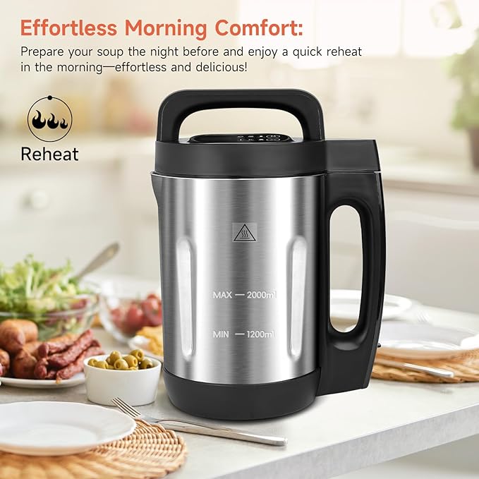 Homtone Soup Maker 2L Makes 2-6 Servings 6-in-1 Multifunctional Smooth and Chunky Soupmaker Electric Soup Bleander Eeasy Clean for Home Use Black and Stainless Steel