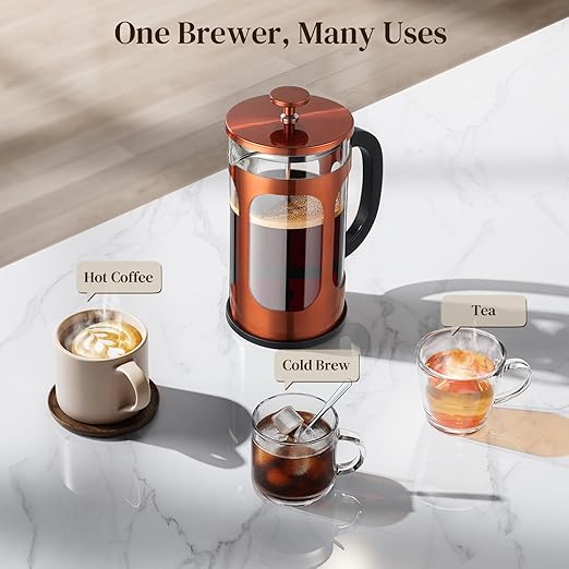 Veken French Press Coffee Maker 34oz 1 L No Plastic Touching Cafe Heat Resistant Thickened Borosilicate Glass Stainless Steel Brewer Cold Brew Cafetera Teapot for Kitchen Travel Camping Copper