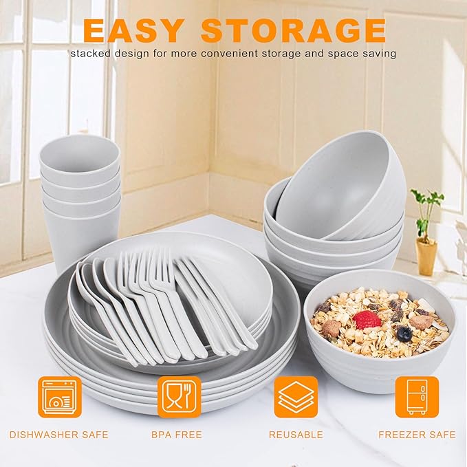 EI 42pcs Wheat Straw Dinnerware SetUnbreakable Reusable Plastic PlatesBig Bowls and Pltes for KitchenGrey Plates and Bowls Setsfor Family DinnerCampingPicninc