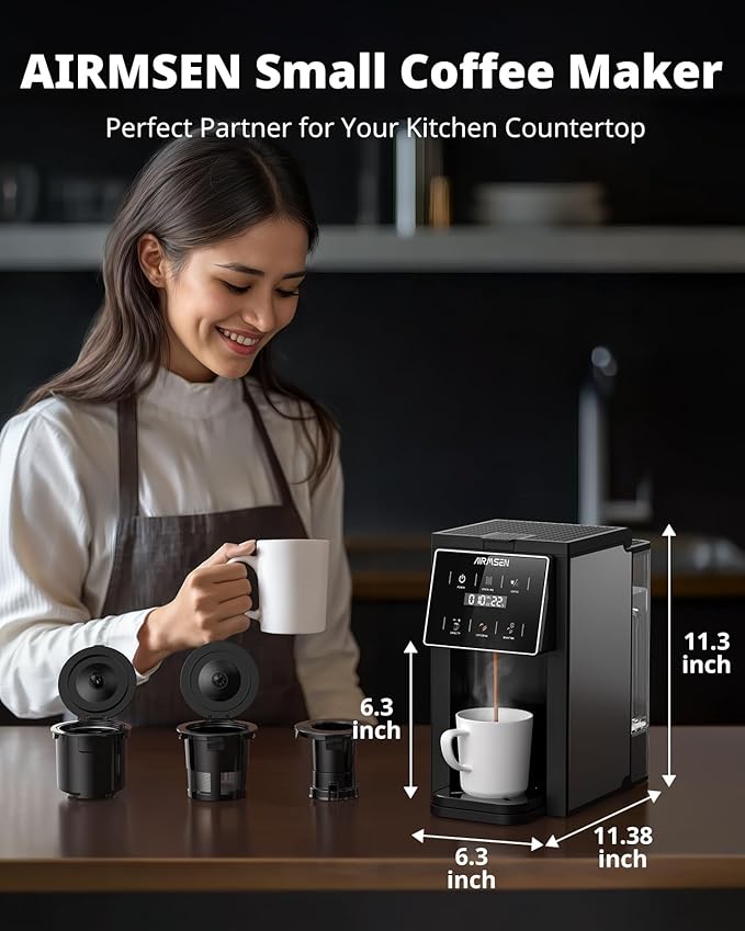 AIRMSEN Grind &amp Brew Coffee Maker with Built-in Grinder (2026 Model) - Single-Serve Compatible with K-Cup Pods &amp Ground 1000W Fast 6-14oz Brewer Descaling Alert Touchscreen &amp 50oz Remo