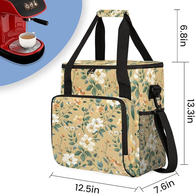 Whimsical Flower Coffee Maker Carrying Bag Portable Travel Storage Tote Bag Compatible with K-Mini or K-Mini Plus Single Serve Coffee Brewer Carrying Case with Multiple Pockets &amp Shoulder Strap
