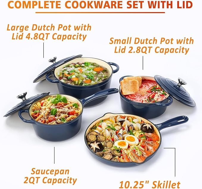 Hisencn Enameled Cast Iron Cookware Set - 7 Piece Dutch Ovens Set Sauce Pan Skillet 3 Lids Pots and Pans Set Ceramic Coated Cast Iron Heavy Duty Gas/Induction Compatible PFA Free