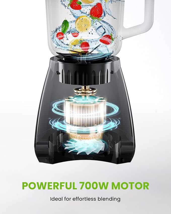 GDOR Blender 52 Oz Glass Jar Multi-Function Kitchen Blender &amp Grinder Combo 9 Functions with Shakes Puree Crush Ice and Chop Max 700W Self Cleaning
