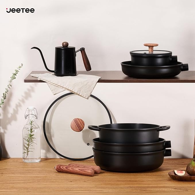 JEETEE Ceramic Cookware Set 15 PCS Pots and Pans Set Non Stick with Removable Handles Non Toxic Induction Kitchen Cookware Sets Dishwasher/Oven Safe PFAS/PFOA Free Black