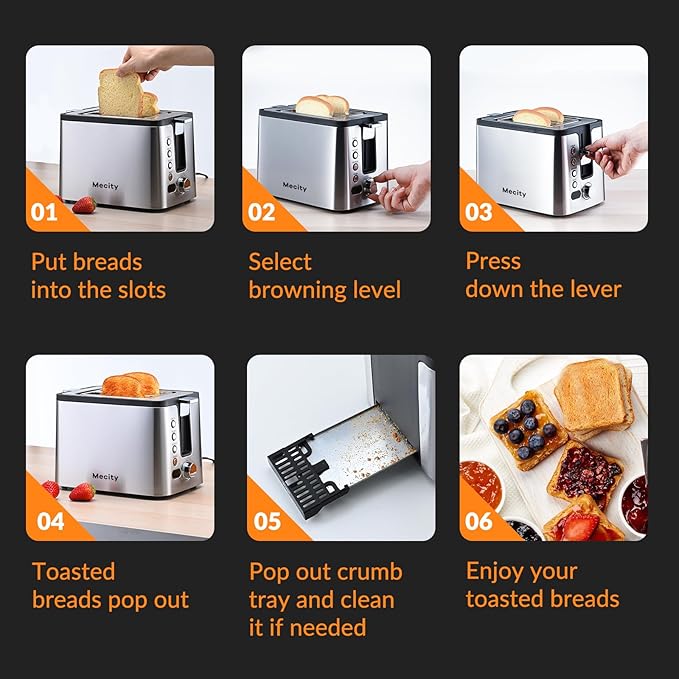 Mecity Toaster 2 Slice Stainless Steel Body Timer Bagel Defrost Reheat Cancel Functions Warming Rack Removable Tray 6 Browning Settings Extra Wide Slots Bread Toaster 800W