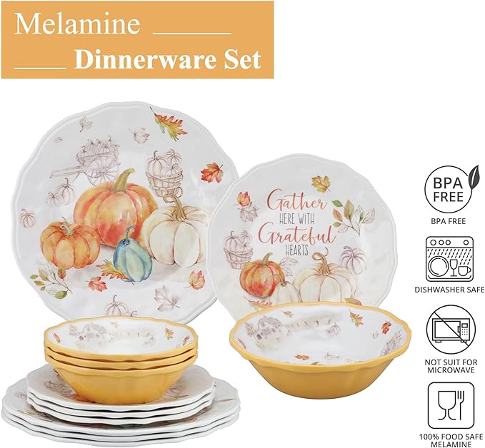 UPware 12 Piece Pumpkin Season Melamine Dinnerware Sets Outdoor Dishes Set Plates and Bowls Sets Autumn Thanksgiving Decorations Service for 4 Orange