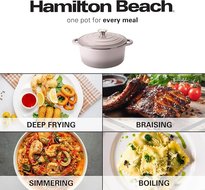 Hamilton Beach 5.5-Quart Enameled Cast Iron Dutch Oven with Lid | Heavy-Duty Pot for Braising Roasting &amp Baking | Gray