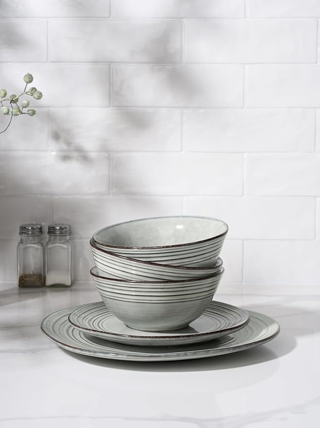 Famiware Plates and Bowls Sets 24-Piece Stoneware Dinnerware Sets Dishes Set for 8 Hand-made Reactive Glaze Dish Set Twilight Series Ashy Blue