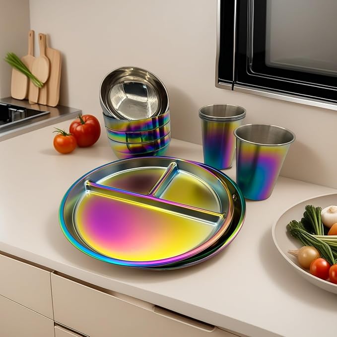 12-Piece Stainless Steel Rainbow Dinnerware Sets for 4 Unbreakable Reusable Divided Plates Bowls Cups Round Dishwasher Safe for Kitchen Camping Picnic RV
