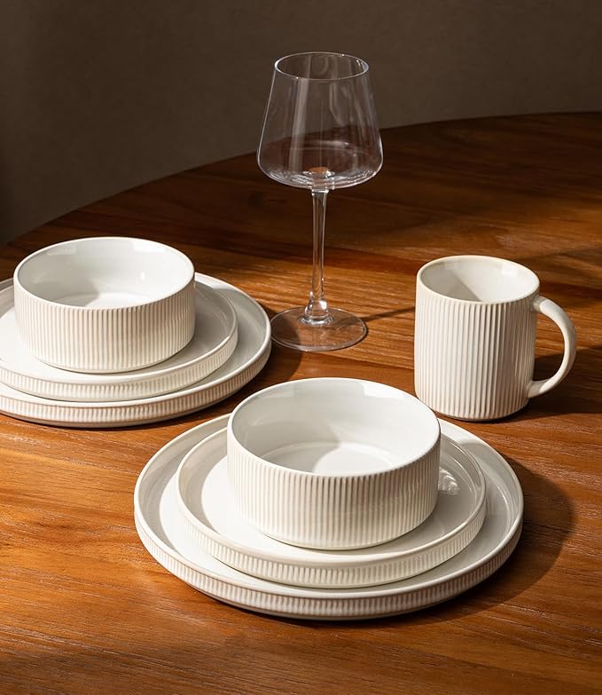 GBHOME Stoneware Dinnerware Sets for 4 12 Pieces Ceramic Ribbed Plates and Bowls Set Reactive Glaze Stackable Plate Sets Scratch Resistant Dishes Microwave &amp Dishwasher Safe Antique Cream