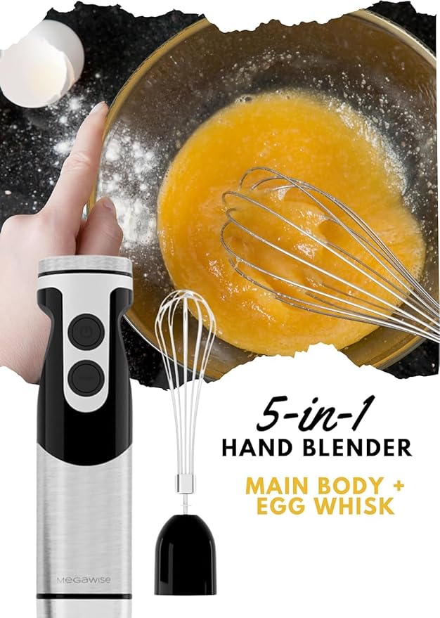 MegaWise Pro Titanium Reinforced 5-in-1 Immersion Hand Blender Powerful Motor with 80% Sharper Blades 12-Speed Corded Blender (Black)