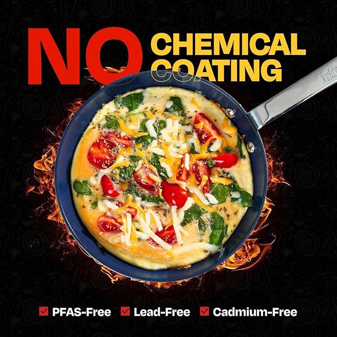 Guy Fieri's Flavortown 2-Piece Ceramic Cookware Set Nonstick Frying Pan Set 10 and 12 Easy-Clean Kitchen Cookware Made without PFAS PTFE PFOA Induction Compatible Dishwasher Safe Blue &amp Wh