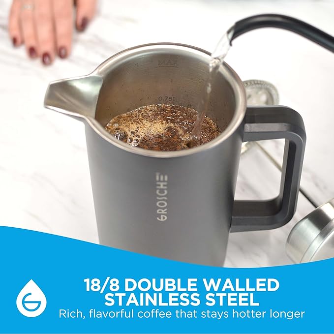 GROSCHE Dub'lin Stainless Steel Coffee Maker French Press 8 Cup | 34 FL Oz Coffee Press 18/8 Double Walled Stainless Steel French Press Coffee Maker - Hot/Cold Brew | Stainless French Press - BLACK