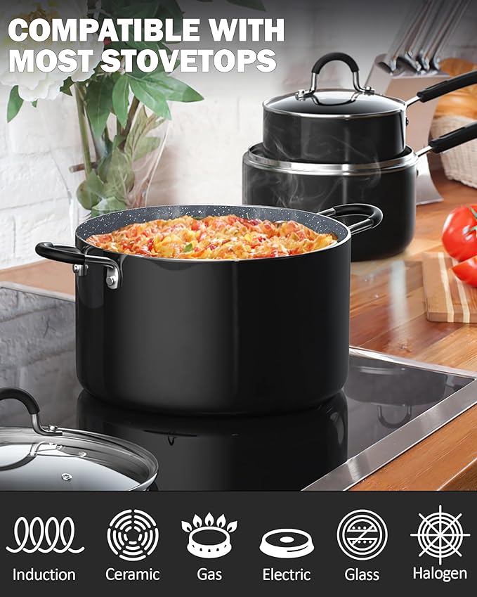Cook N Home Pots and Pans Nonstick Kitchen Cookware Sets include Saucepan Frying Pan Stockpots 8-Piece Heavy Gauge Stay Cool Handle Marble
